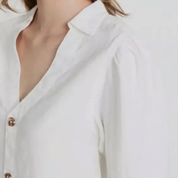 DL1961 Candace Puffed Sleeve Button Up Linen Shirt, white/cream, size large - Picture 4 of 10